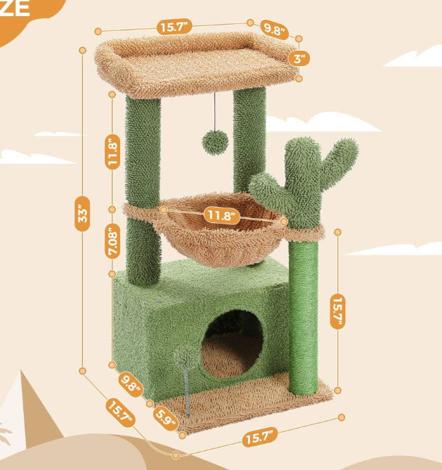 Torre per gatti multilivello 4 in 1, albero per gatti con grande cuccia, tiragraffi con amaca profonda e comoda piattaforma superiore - Verde