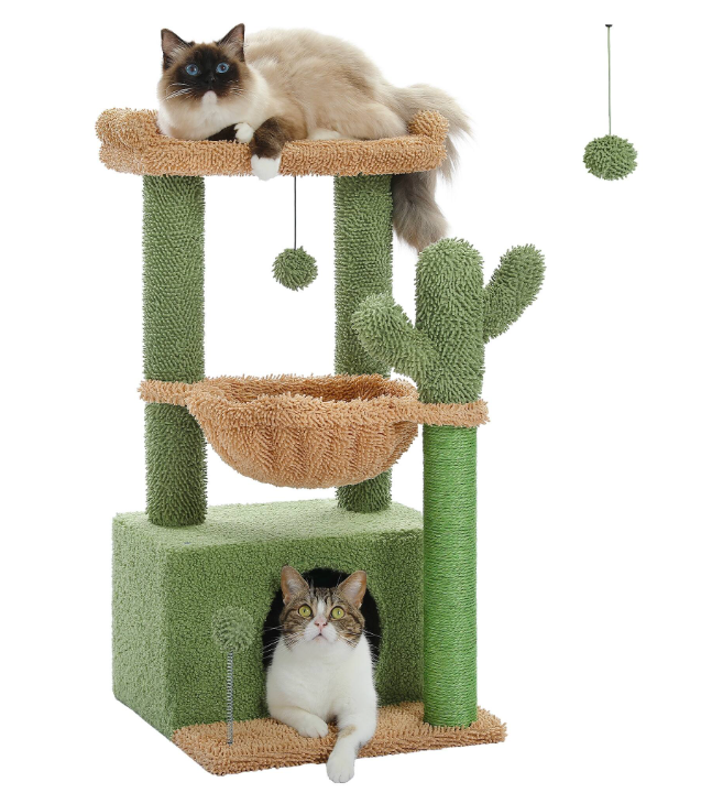 Torre per gatti multilivello 4 in 1, albero per gatti con grande cuccia, tiragraffi con amaca profonda e comoda piattaforma superiore - Verde