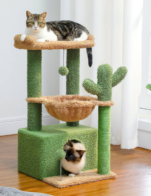 Torre per gatti multilivello 4 in 1, albero per gatti con grande cuccia, tiragraffi con amaca profonda e comoda piattaforma superiore - Verde