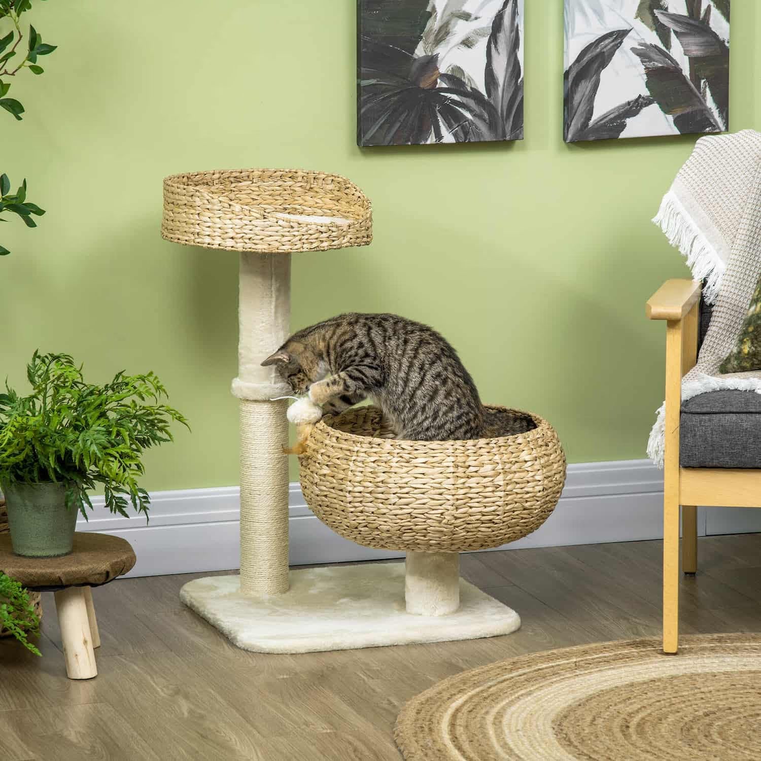 Torre per gatti a 2 livelli con cestini in legno naturale intrecciato e cuscini lavabili.
