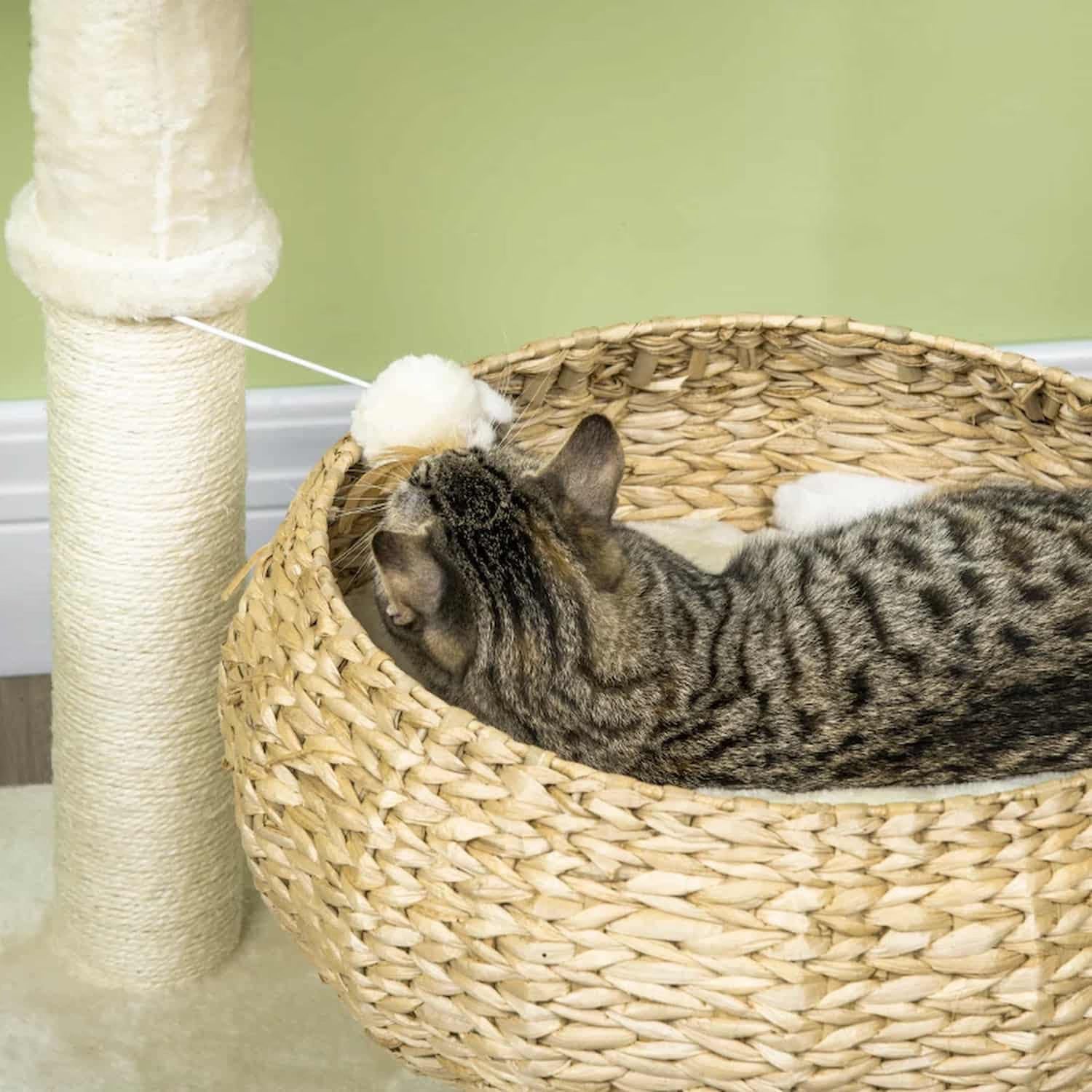 Torre per gatti a 2 livelli con cestini in legno naturale intrecciato e cuscini lavabili.