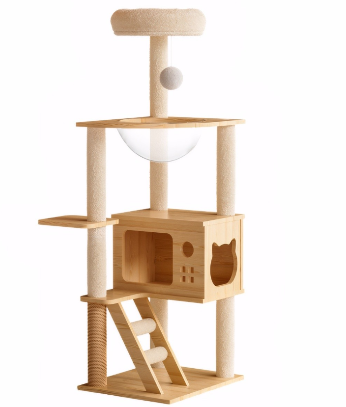 Torre per gatti moderna da 124 cm, albero per gatti in legno per interni, tiragraffi con pali rivestiti in sisal e trespolo superiore, cuccia per gatti con amaca in acrilico per gatti di piccola e grande taglia.