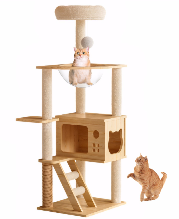 Torre per gatti moderna da 124 cm, albero per gatti in legno per interni, tiragraffi con pali rivestiti in sisal e trespolo superiore, cuccia per gatti con amaca in acrilico per gatti di piccola e grande taglia.