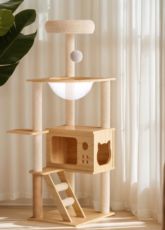Torre per gatti moderna da 124 cm, albero per gatti in legno per interni, tiragraffi con pali rivestiti in sisal e trespolo superiore, cuccia per gatti con amaca in acrilico per gatti di piccola e grande taglia.